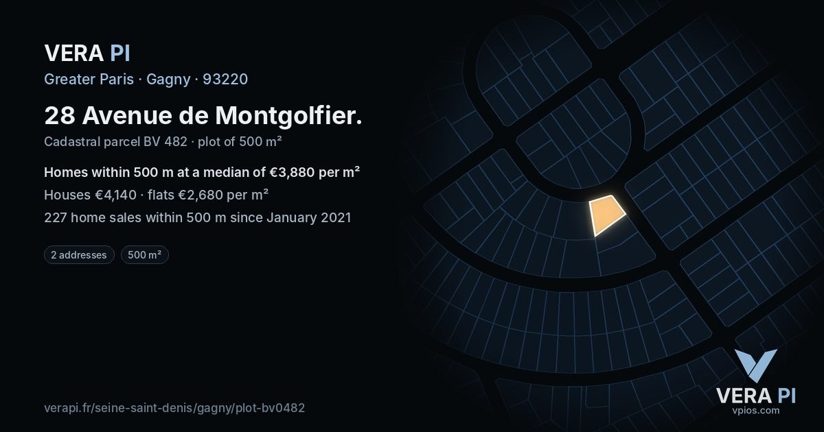 28 Avenue de Montgolfier, Gagny at night – the plot lit, the parcels around coloured by the prices near them