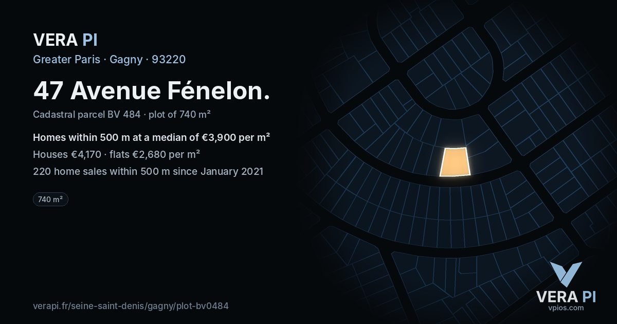 47 Avenue Fénelon, Gagny at night – the plot lit, the parcels around coloured by the prices near them