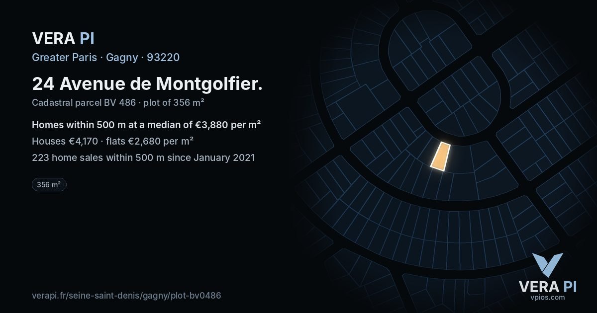 24 Avenue de Montgolfier, Gagny at night – the plot lit, the parcels around coloured by the prices near them