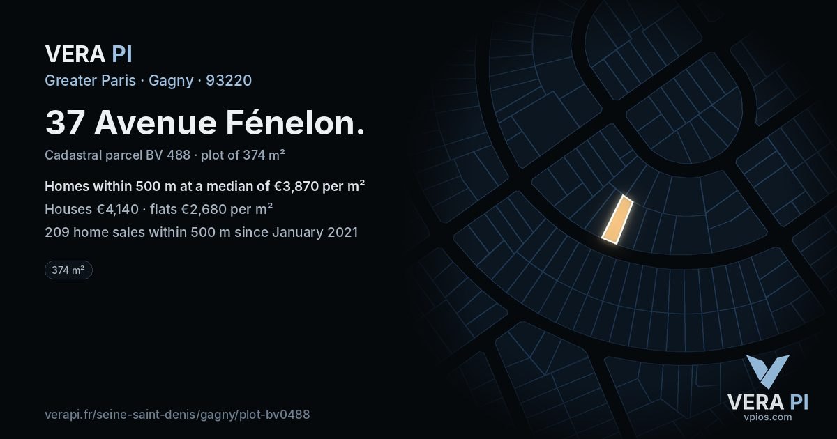 37 Avenue Fénelon, Gagny at night – the plot lit, the parcels around coloured by the prices near them