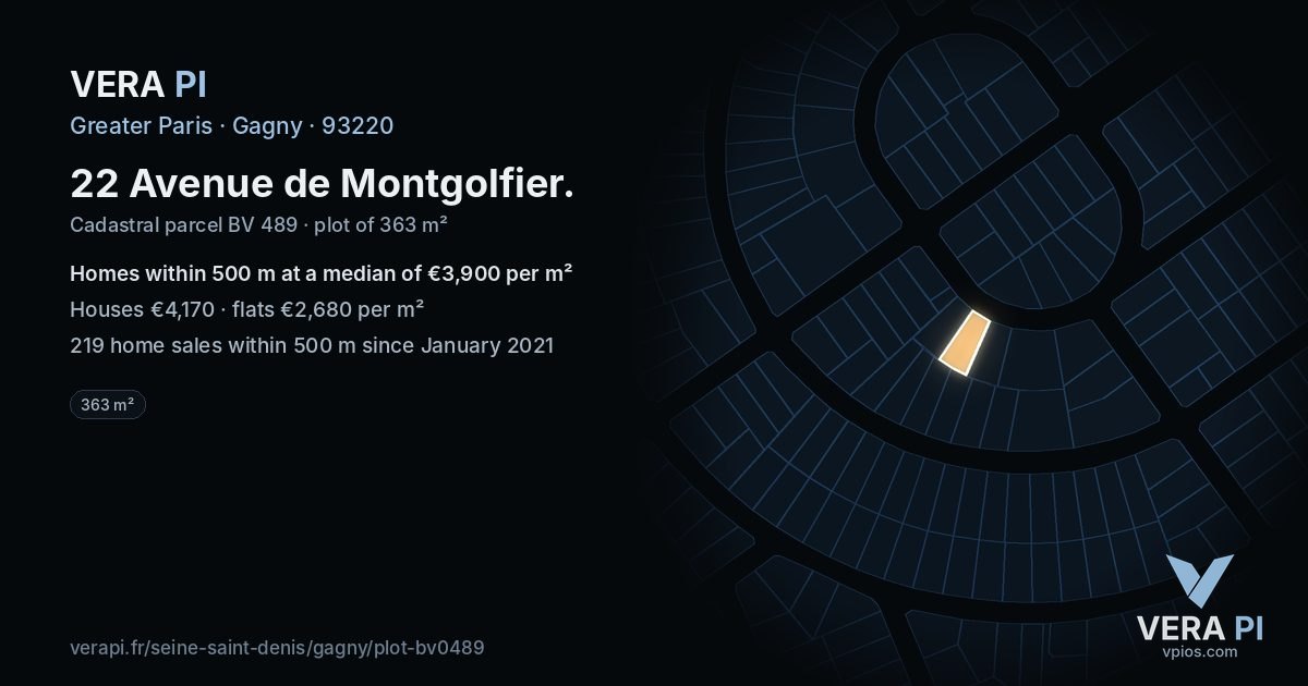 22 Avenue de Montgolfier, Gagny at night – the plot lit, the parcels around coloured by the prices near them
