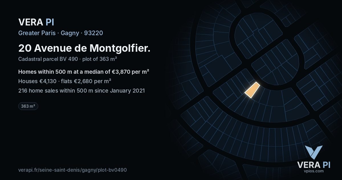 20 Avenue de Montgolfier, Gagny at night – the plot lit, the parcels around coloured by the prices near them