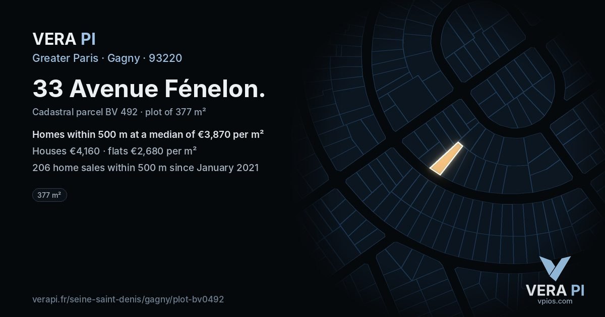 33 Avenue Fénelon, Gagny at night – the plot lit, the parcels around coloured by the prices near them