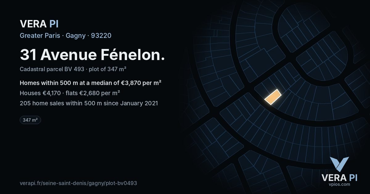 31 Avenue Fénelon, Gagny at night – the plot lit, the parcels around coloured by the prices near them