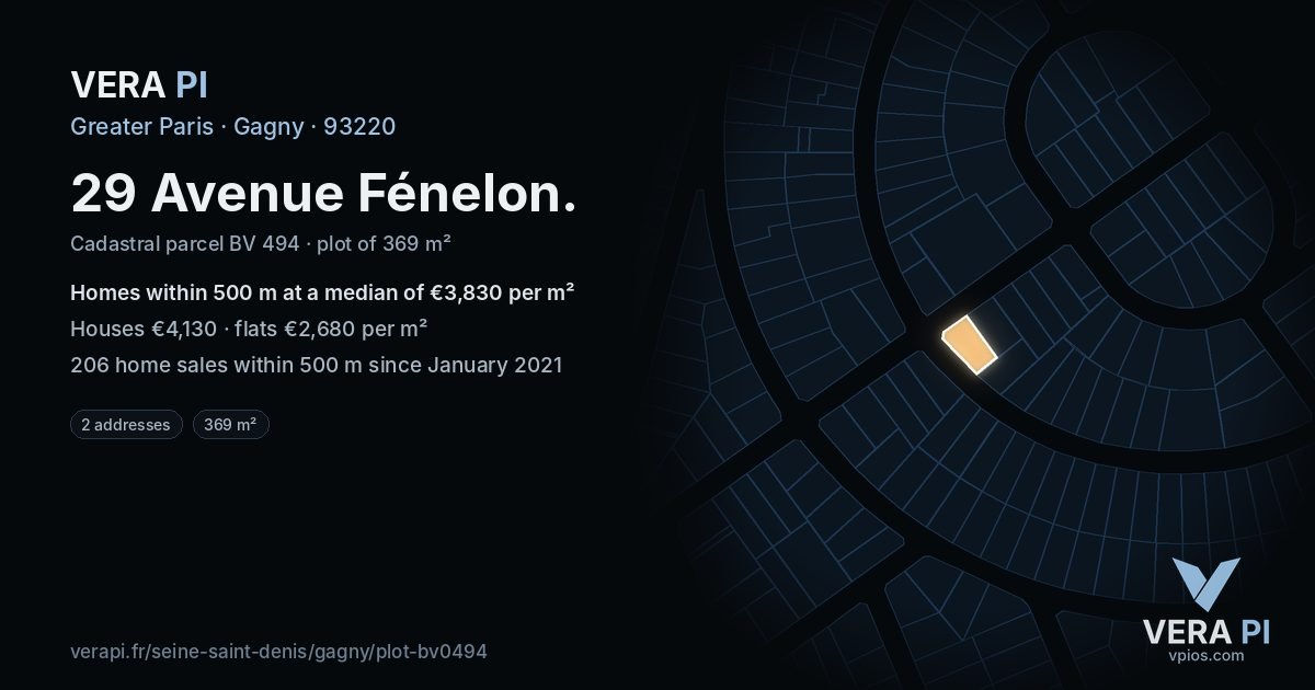 29 Avenue Fénelon, Gagny at night – the plot lit, the parcels around coloured by the prices near them