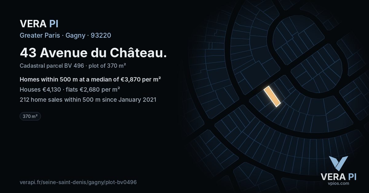 43 Avenue du Château, Gagny at night – the plot lit, the parcels around coloured by the prices near them