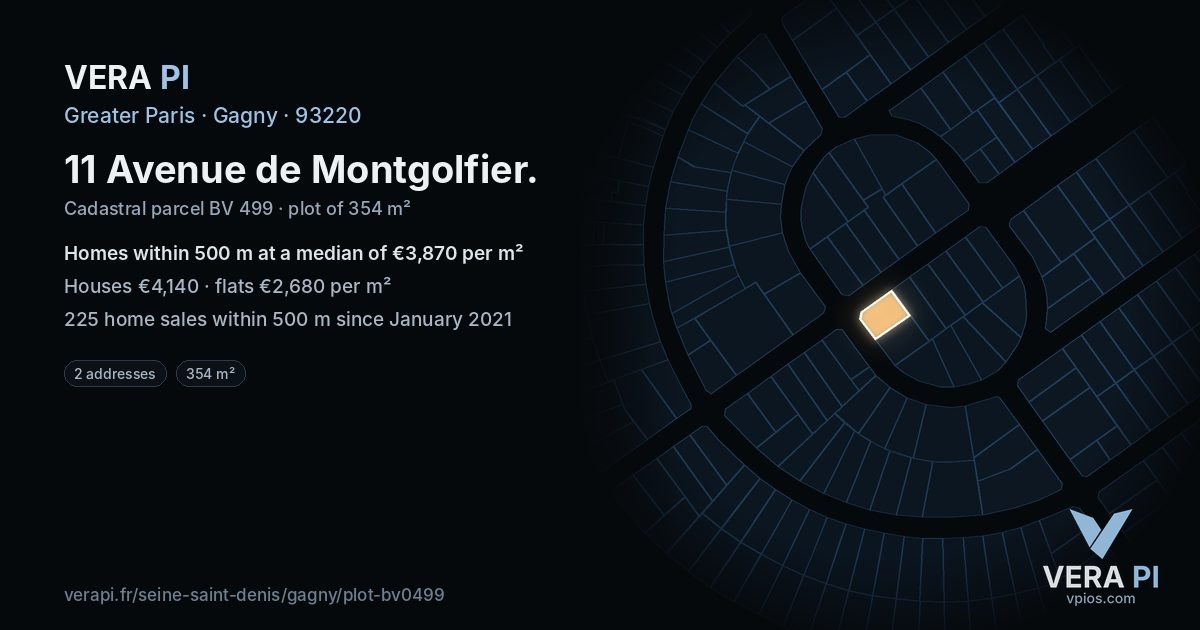 11 Avenue de Montgolfier, Gagny at night – the plot lit, the parcels around coloured by the prices near them