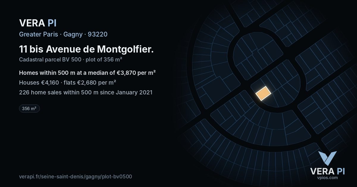 11 bis Avenue de Montgolfier, Gagny at night – the plot lit, the parcels around coloured by the prices near them