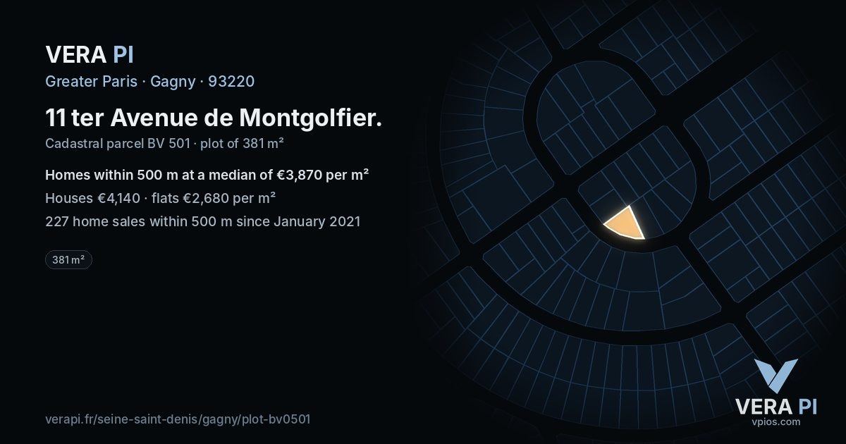 11 ter Avenue de Montgolfier, Gagny at night – the plot lit, the parcels around coloured by the prices near them