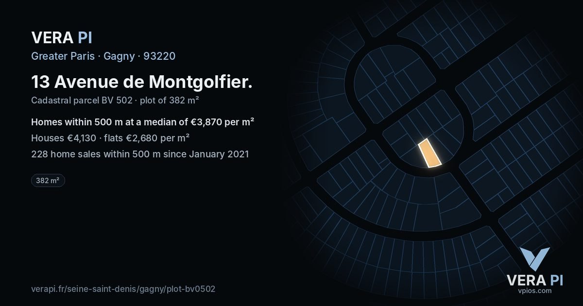 13 Avenue de Montgolfier, Gagny at night – the plot lit, the parcels around coloured by the prices near them
