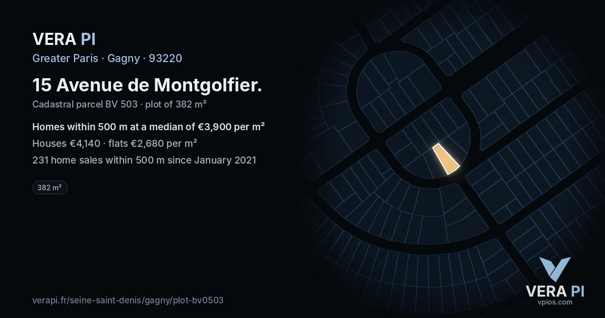 15 Avenue de Montgolfier, Gagny at night – the plot lit, the parcels around coloured by the prices near them