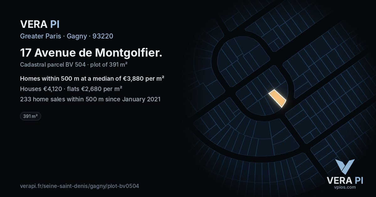 17 Avenue de Montgolfier, Gagny at night – the plot lit, the parcels around coloured by the prices near them