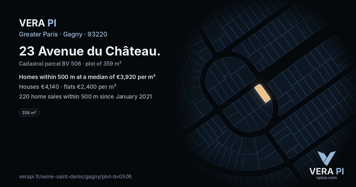 23 Avenue du Château, Gagny at night – the plot lit, the parcels around coloured by the prices near them