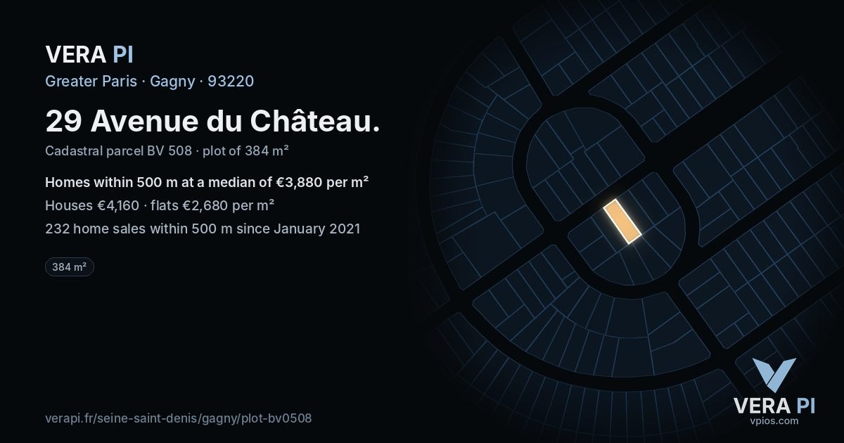 29 Avenue du Château, Gagny at night – the plot lit, the parcels around coloured by the prices near them