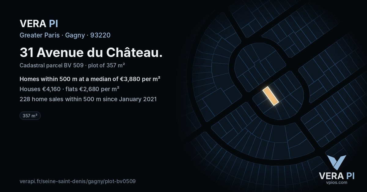 31 Avenue du Château, Gagny at night – the plot lit, the parcels around coloured by the prices near them