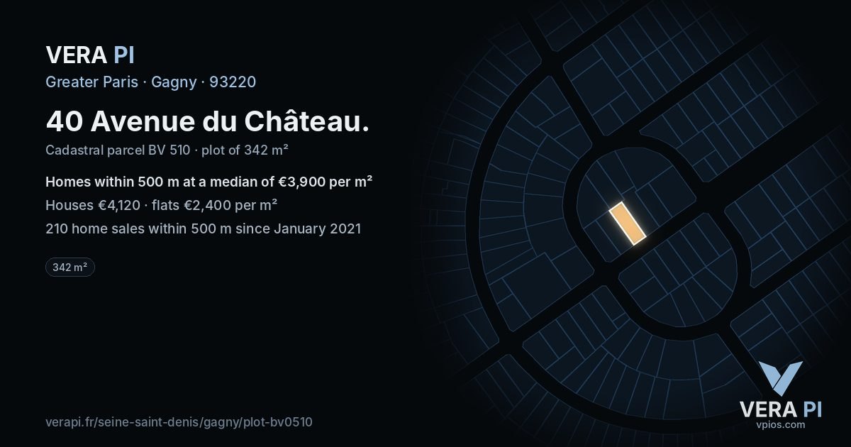 40 Avenue du Château, Gagny at night – the plot lit, the parcels around coloured by the prices near them