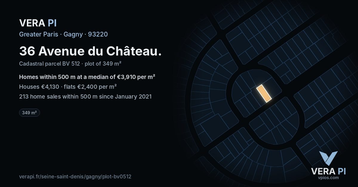 36 Avenue du Château, Gagny at night – the plot lit, the parcels around coloured by the prices near them