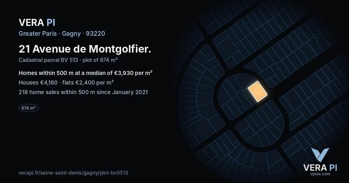 21 Avenue de Montgolfier, Gagny at night – the plot lit, the parcels around coloured by the prices near them