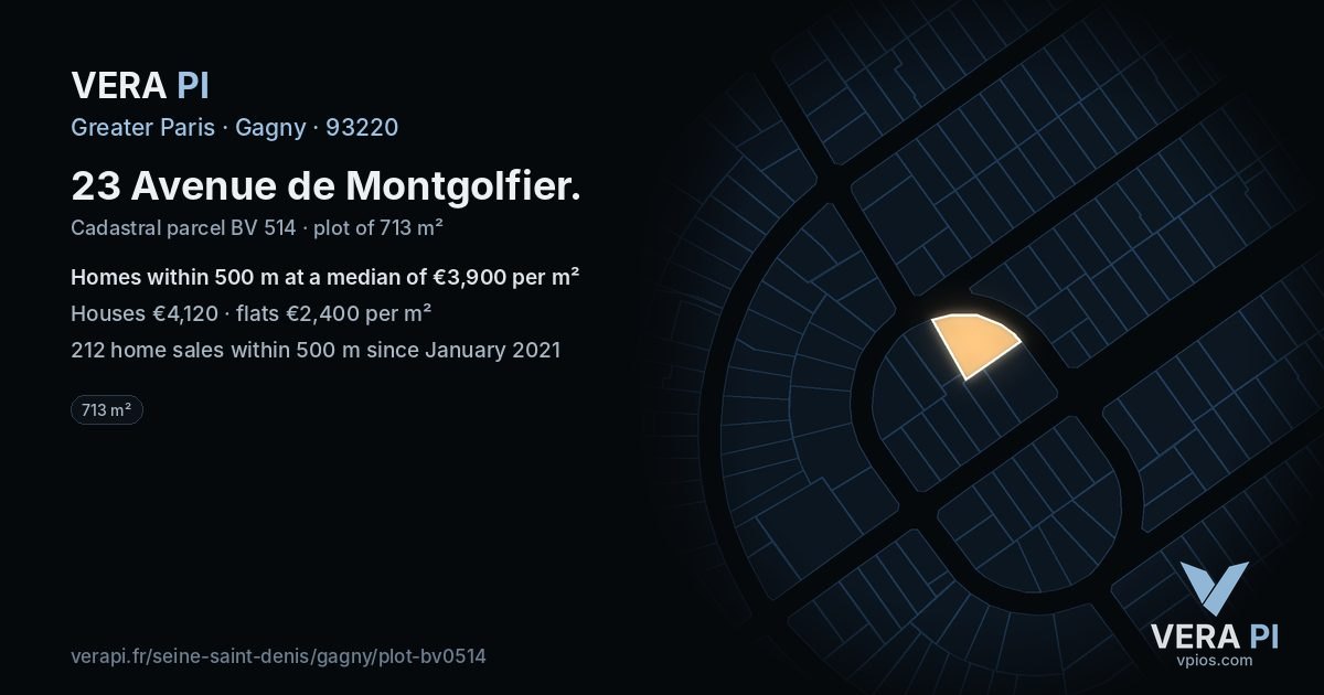 23 Avenue de Montgolfier, Gagny at night – the plot lit, the parcels around coloured by the prices near them