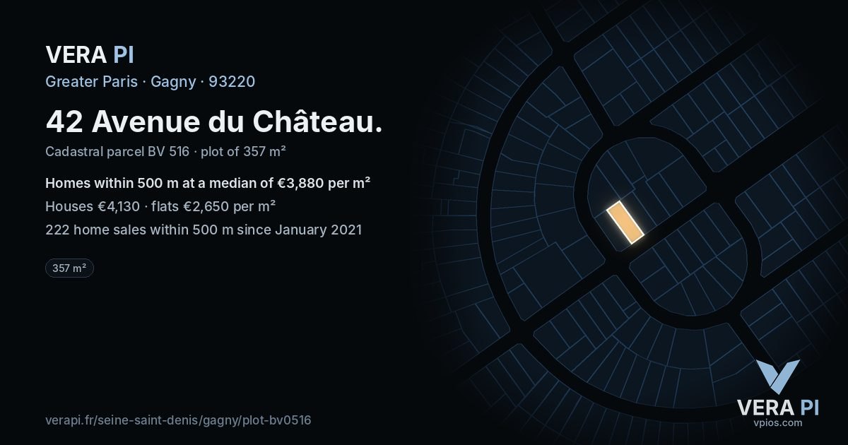 42 Avenue du Château, Gagny at night – the plot lit, the parcels around coloured by the prices near them