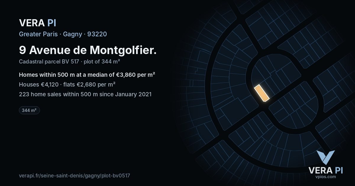 9 Avenue de Montgolfier, Gagny at night – the plot lit, the parcels around coloured by the prices near them