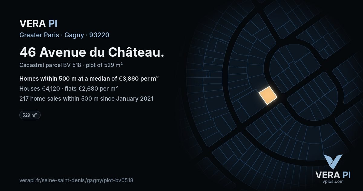 46 Avenue du Château, Gagny at night – the plot lit, the parcels around coloured by the prices near them