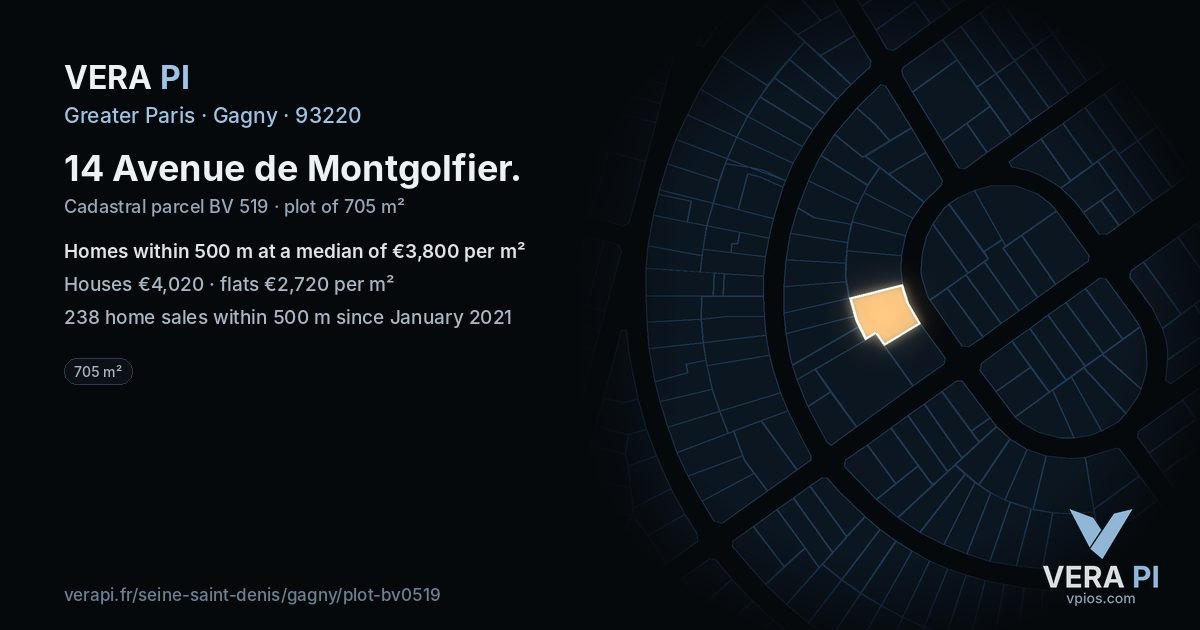 14 Avenue de Montgolfier, Gagny at night – the plot lit, the parcels around coloured by the prices near them