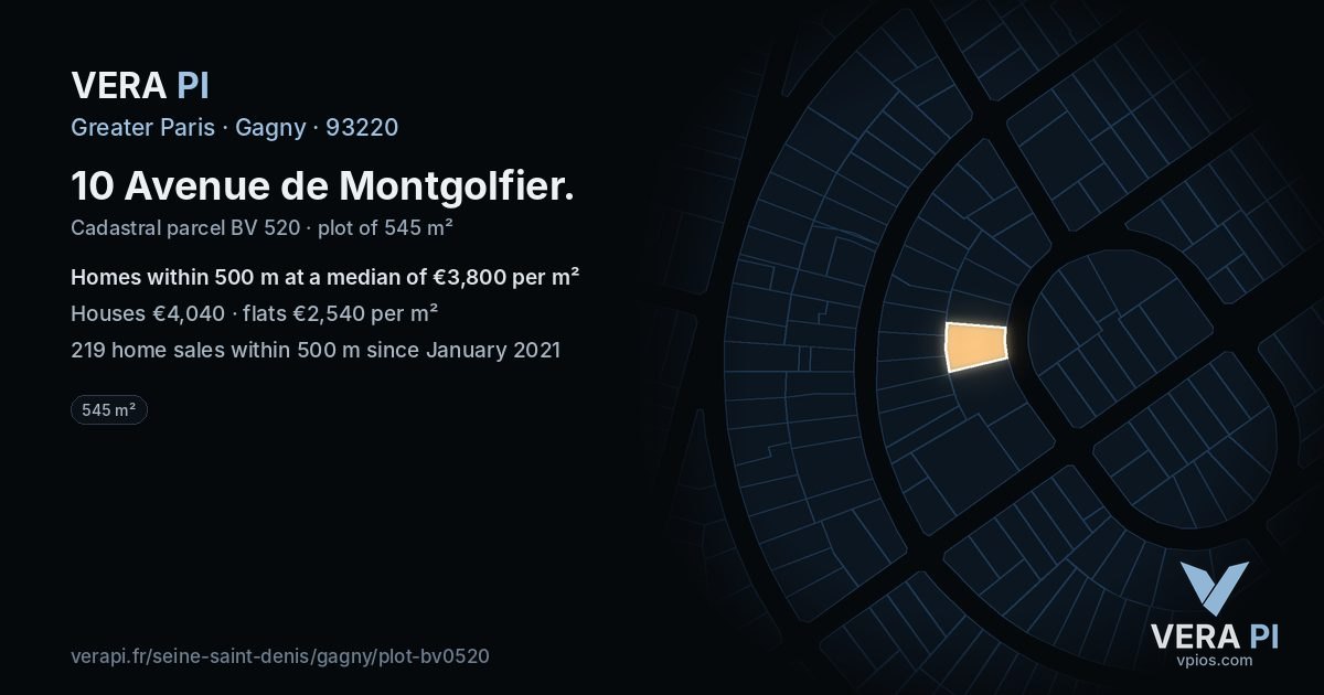 10 Avenue de Montgolfier, Gagny at night – the plot lit, the parcels around coloured by the prices near them