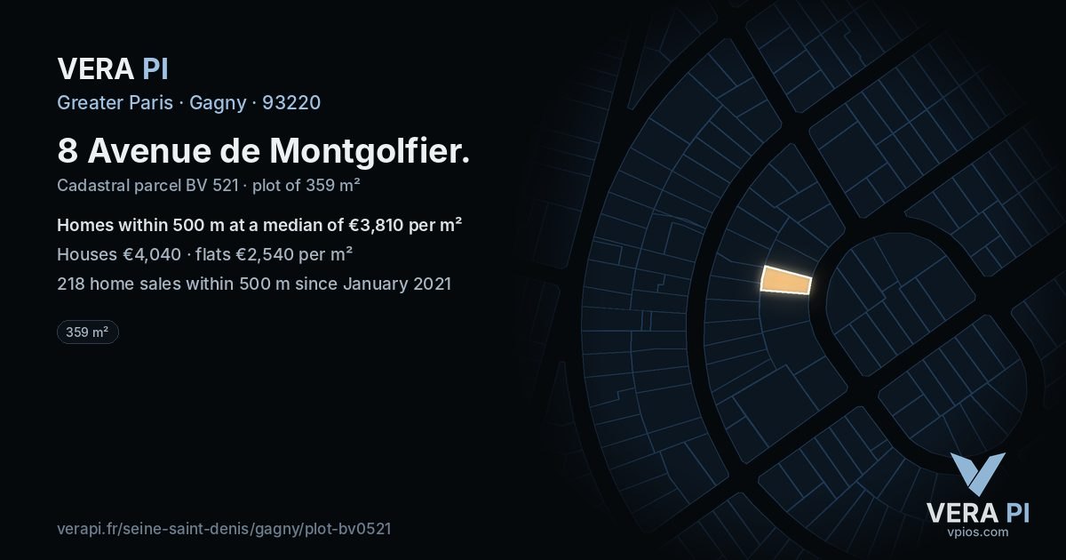 8 Avenue de Montgolfier, Gagny at night – the plot lit, the parcels around coloured by the prices near them