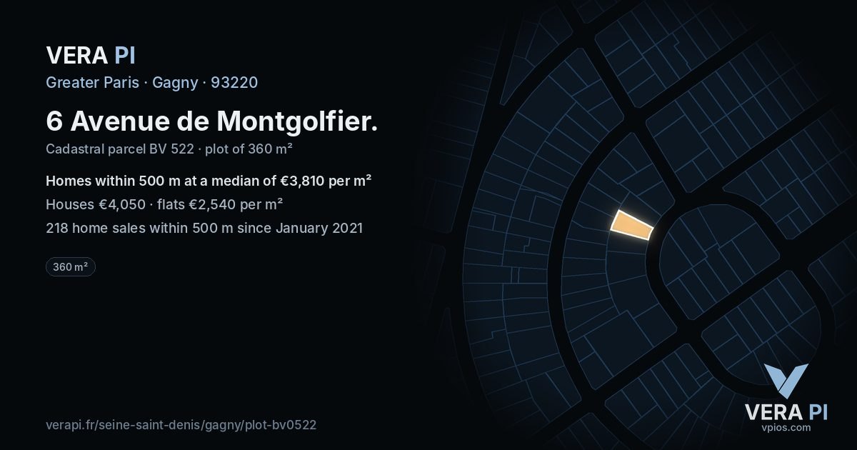 6 Avenue de Montgolfier, Gagny at night – the plot lit, the parcels around coloured by the prices near them