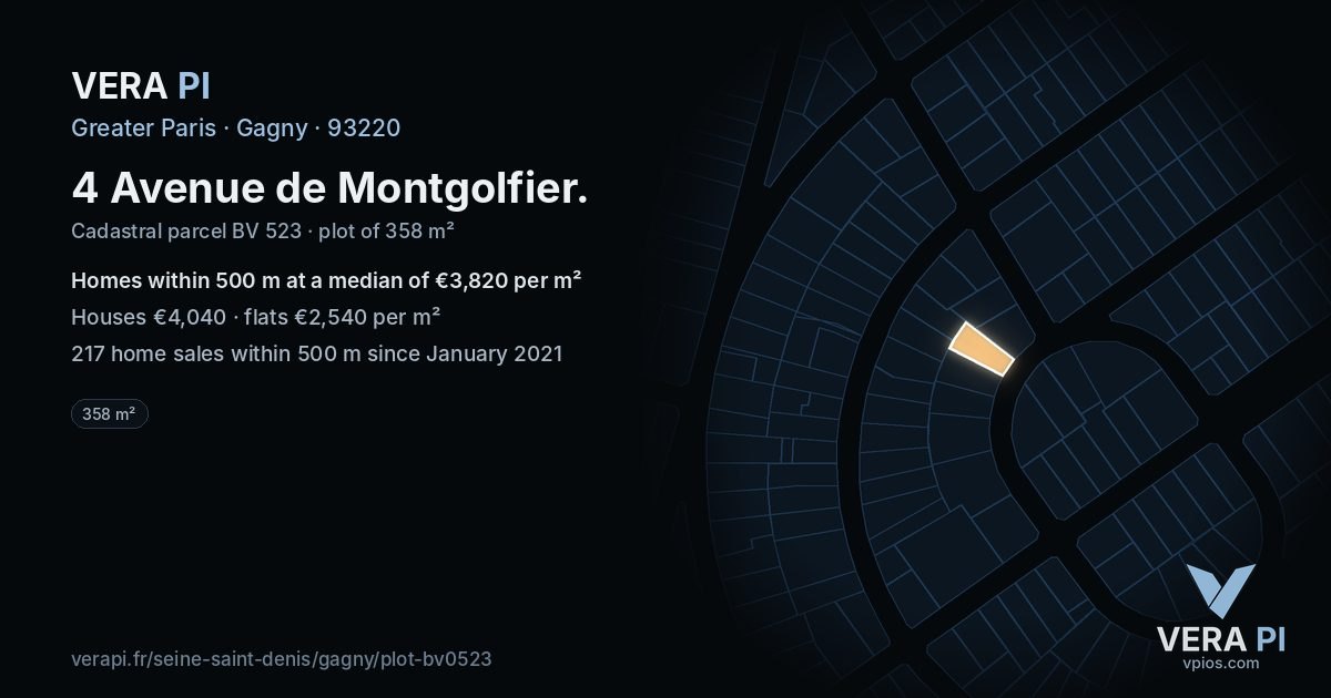 4 Avenue de Montgolfier, Gagny at night – the plot lit, the parcels around coloured by the prices near them