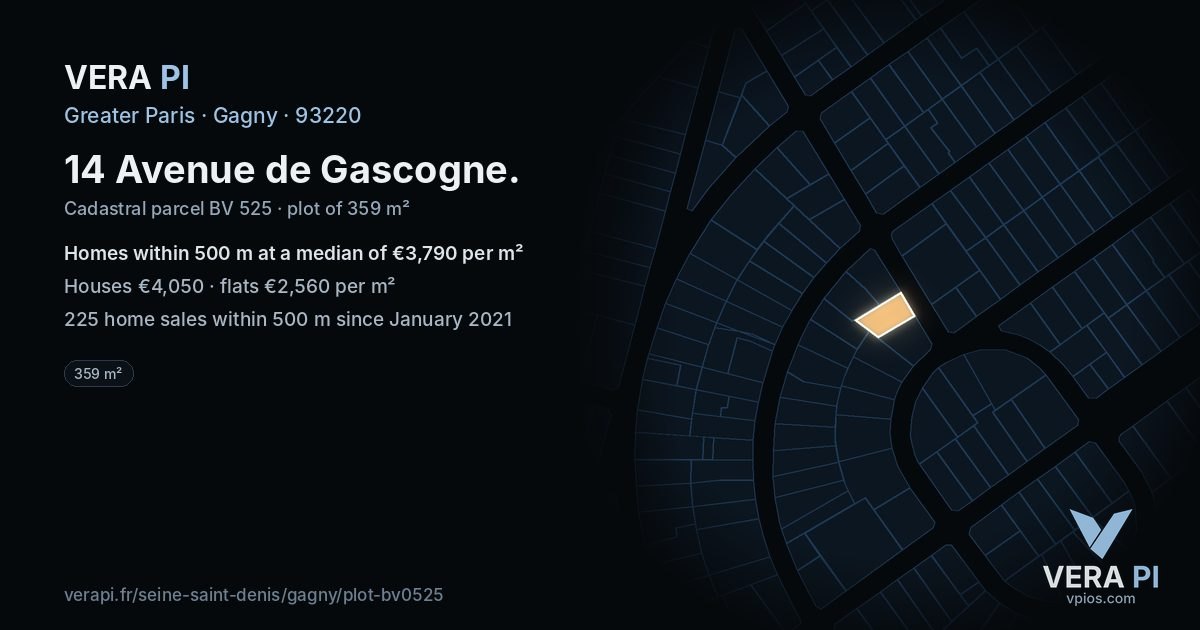 14 Avenue de Gascogne, Gagny at night – the plot lit, the parcels around coloured by the prices near them