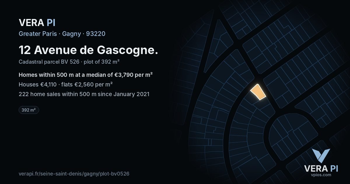 12 Avenue de Gascogne, Gagny at night – the plot lit, the parcels around coloured by the prices near them