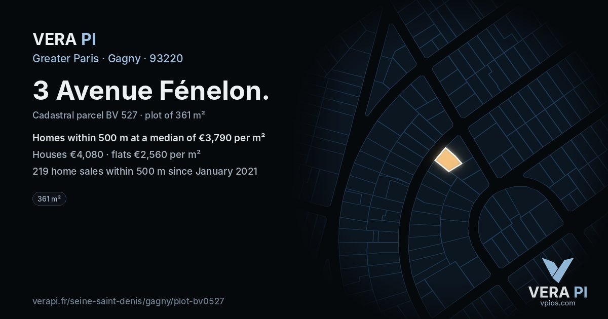 3 Avenue Fénelon, Gagny at night – the plot lit, the parcels around coloured by the prices near them