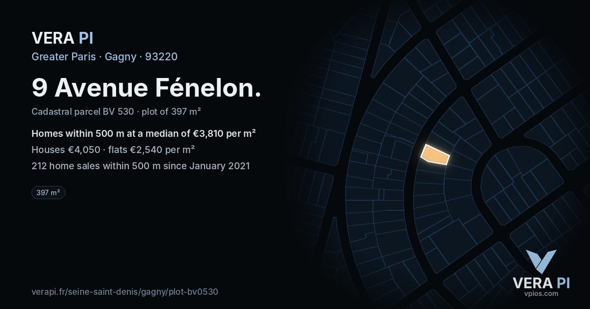 9 Avenue Fénelon, Gagny at night – the plot lit, the parcels around coloured by the prices near them