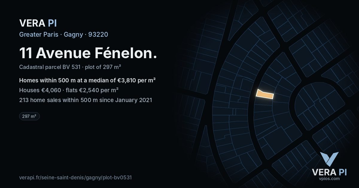 11 Avenue Fénelon, Gagny at night – the plot lit, the parcels around coloured by the prices near them