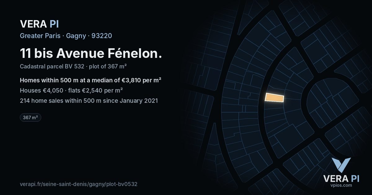 11 bis Avenue Fénelon, Gagny at night – the plot lit, the parcels around coloured by the prices near them