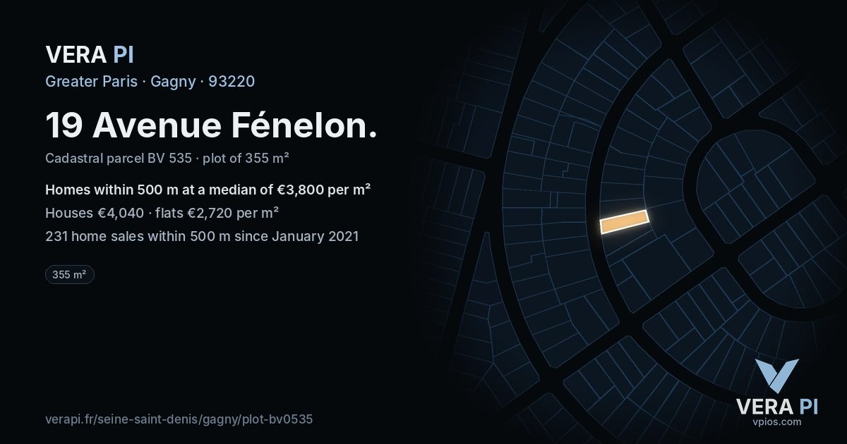 19 Avenue Fénelon, Gagny at night – the plot lit, the parcels around coloured by the prices near them