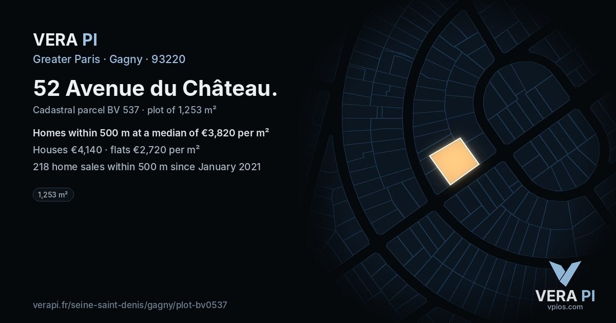 52 Avenue du Château, Gagny at night – the plot lit, the parcels around coloured by the prices near them