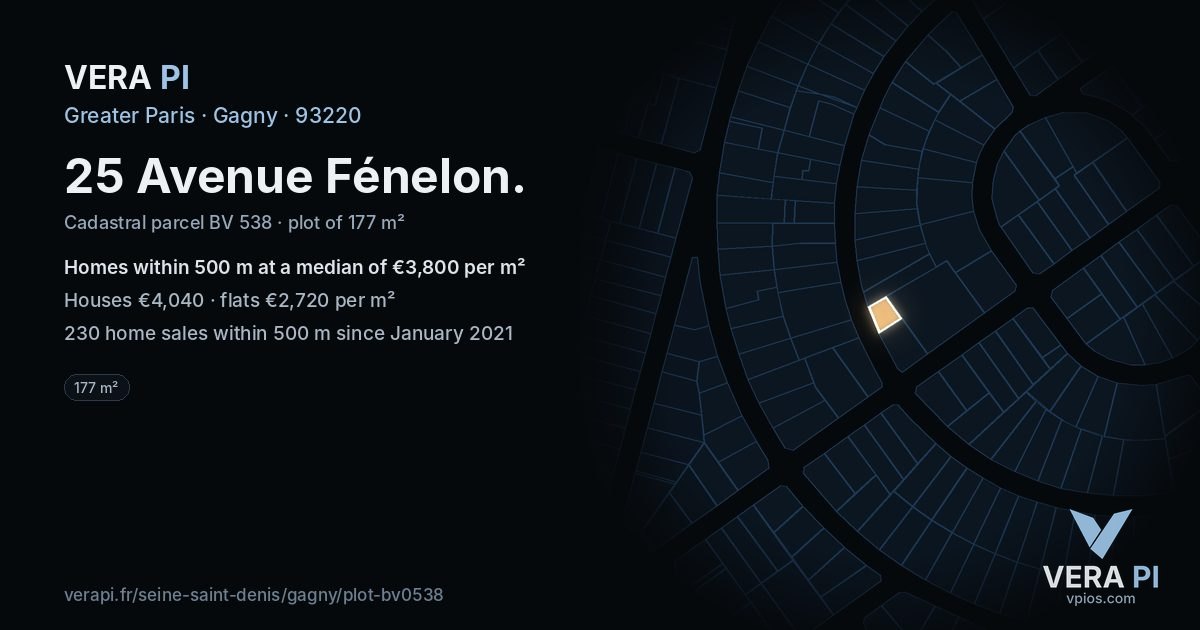 25 Avenue Fénelon, Gagny at night – the plot lit, the parcels around coloured by the prices near them