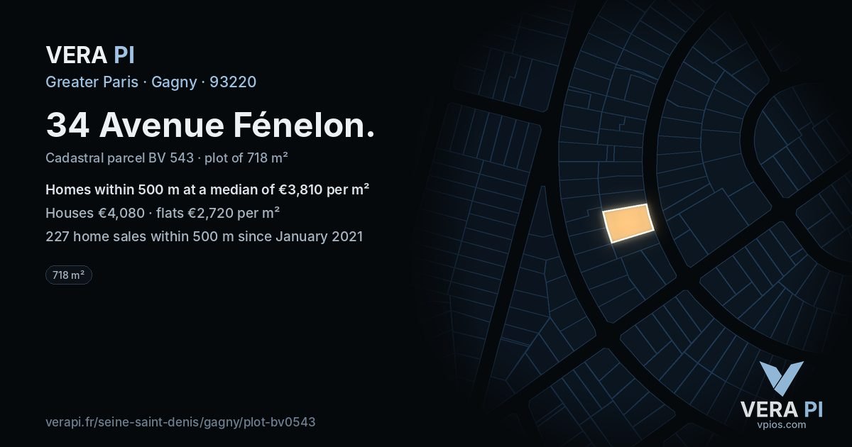 34 Avenue Fénelon, Gagny at night – the plot lit, the parcels around coloured by the prices near them
