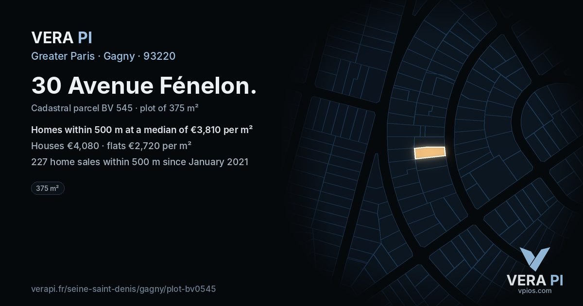 30 Avenue Fénelon, Gagny at night – the plot lit, the parcels around coloured by the prices near them