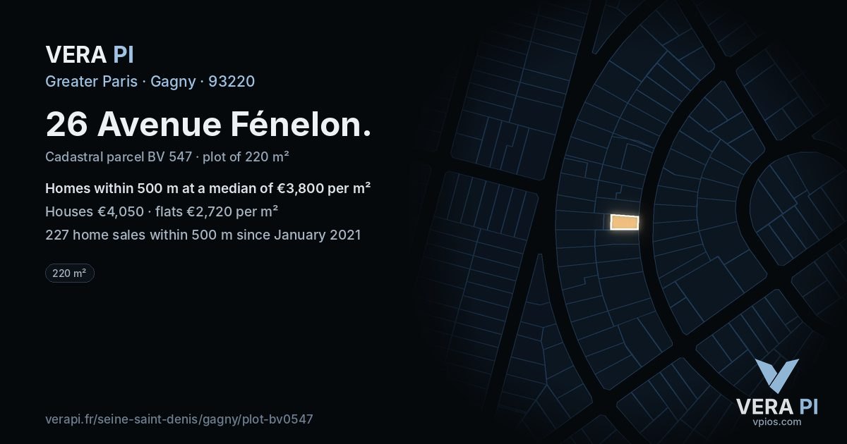 26 Avenue Fénelon, Gagny at night – the plot lit, the parcels around coloured by the prices near them