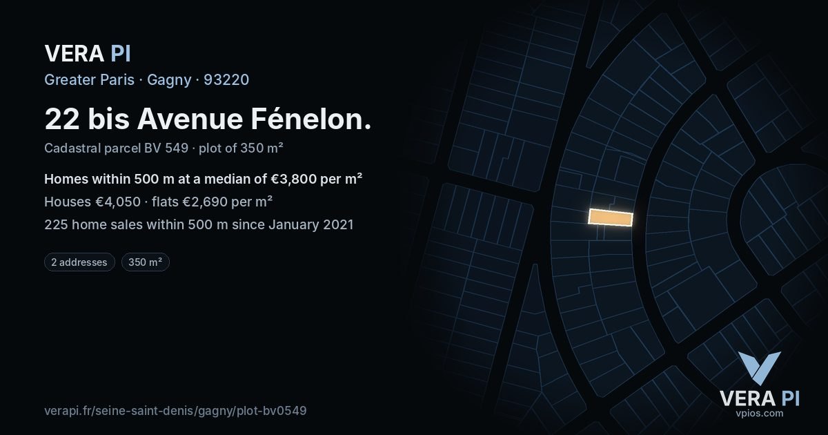 22 bis Avenue Fénelon, Gagny at night – the plot lit, the parcels around coloured by the prices near them