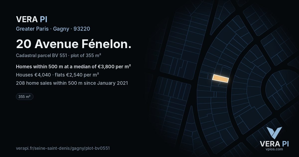 20 Avenue Fénelon, Gagny at night – the plot lit, the parcels around coloured by the prices near them