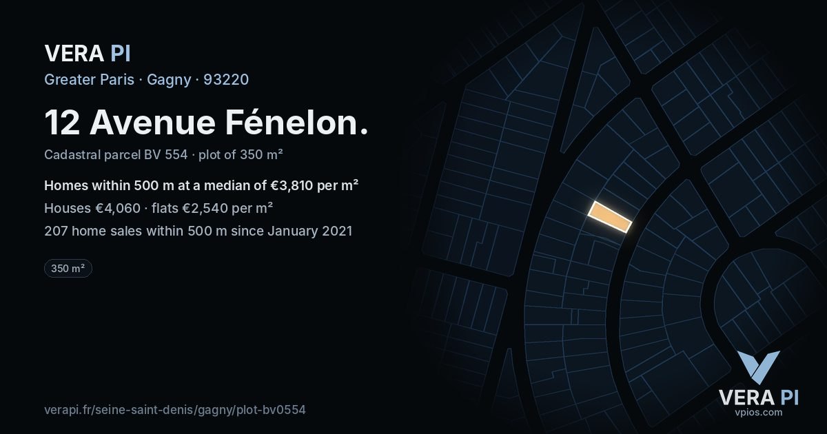 12 Avenue Fénelon, Gagny at night – the plot lit, the parcels around coloured by the prices near them