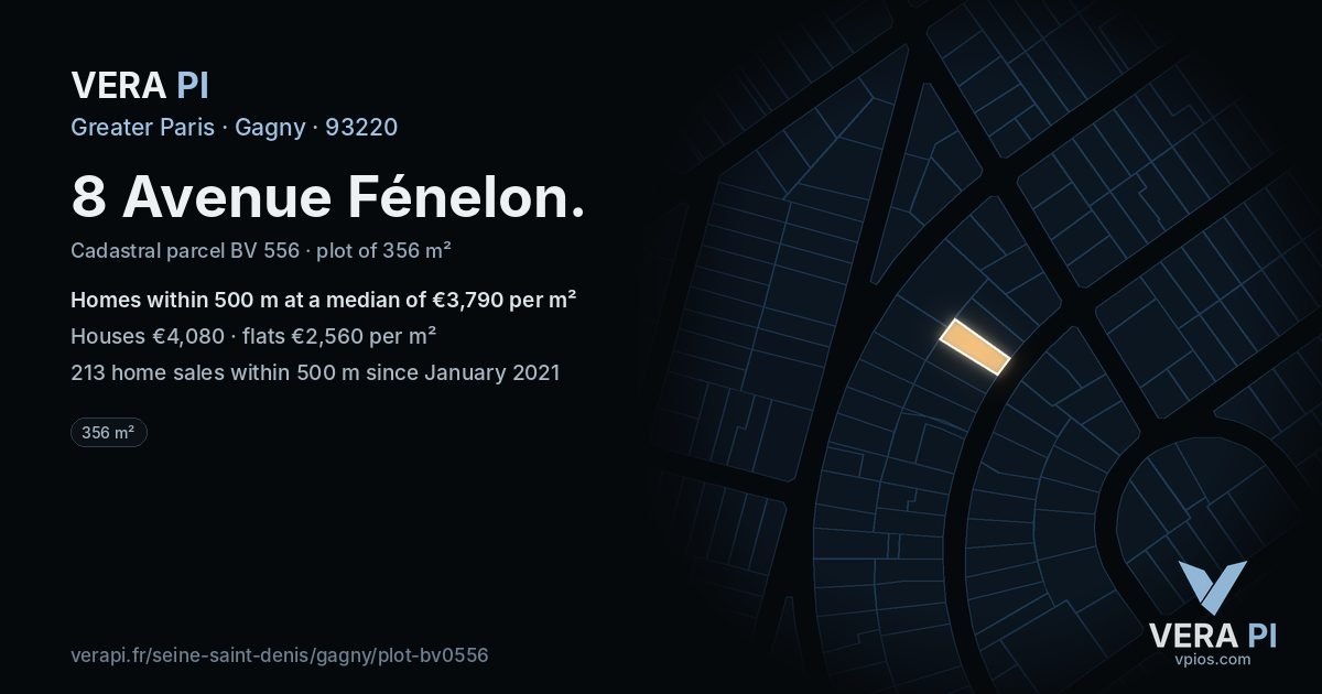 8 Avenue Fénelon, Gagny at night – the plot lit, the parcels around coloured by the prices near them
