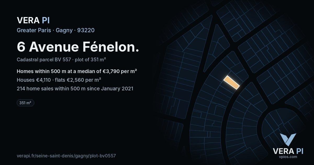 6 Avenue Fénelon, Gagny at night – the plot lit, the parcels around coloured by the prices near them