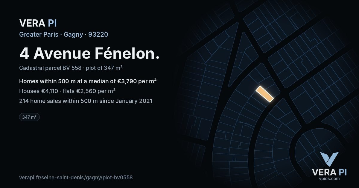 4 Avenue Fénelon, Gagny at night – the plot lit, the parcels around coloured by the prices near them