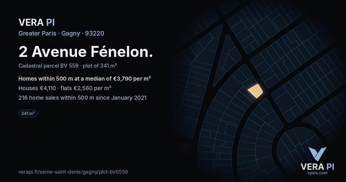 2 Avenue Fénelon, Gagny at night – the plot lit, the parcels around coloured by the prices near them